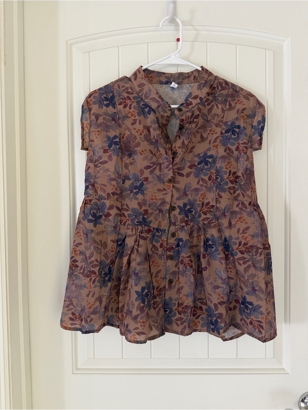 Women's Floral Baby Doll Button-Front Blouse in Brown and Blue